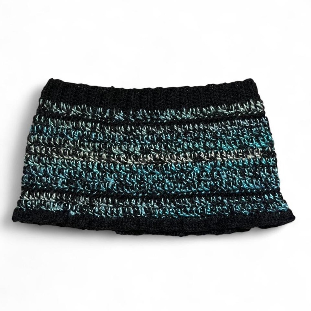 handmade black and blue striped crochet mini skirt with subtle ruffle hem